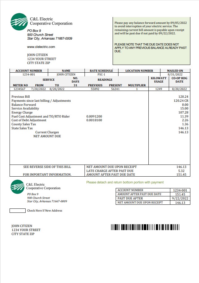 USA Arkansas C & L Electric Cooperative Corporation utility bill template in Word and PDF format